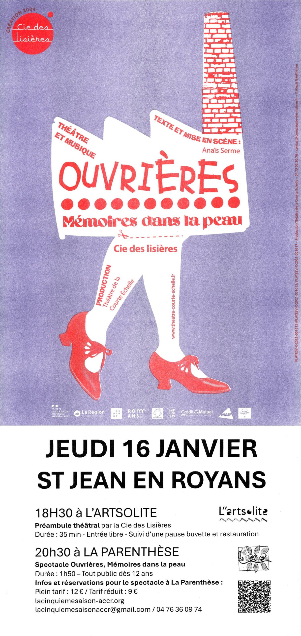 Affiche de la pièce de théâtre Ouvrières avec bandeau, Mémoire dans la peau. Préambule théâtral à L'artsolite le 16 janvier 2025 à 18h30