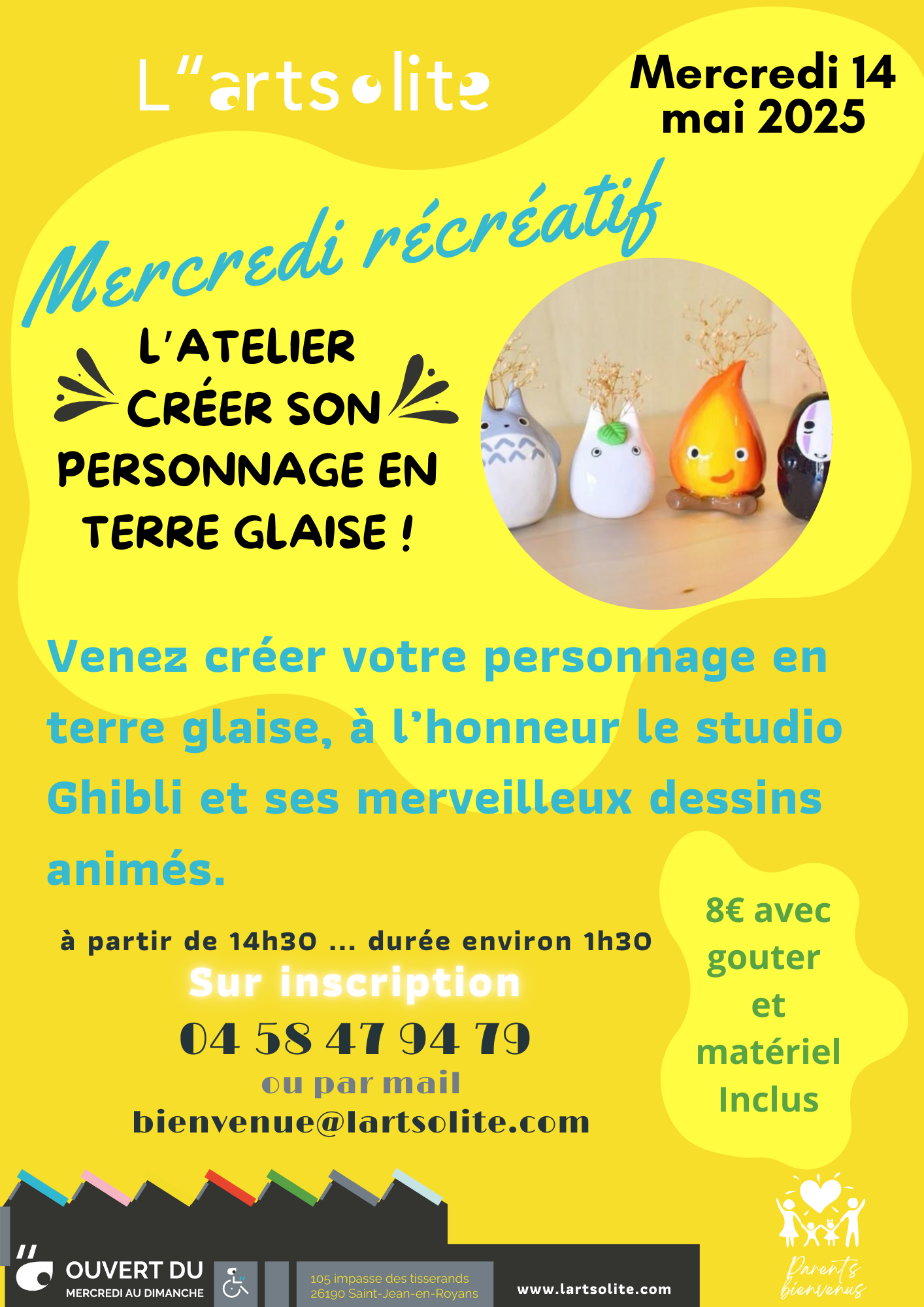 Atelier récréatif crée tes personnage en terre glaise en hommage au studio Ghibli mercredi 14 mai