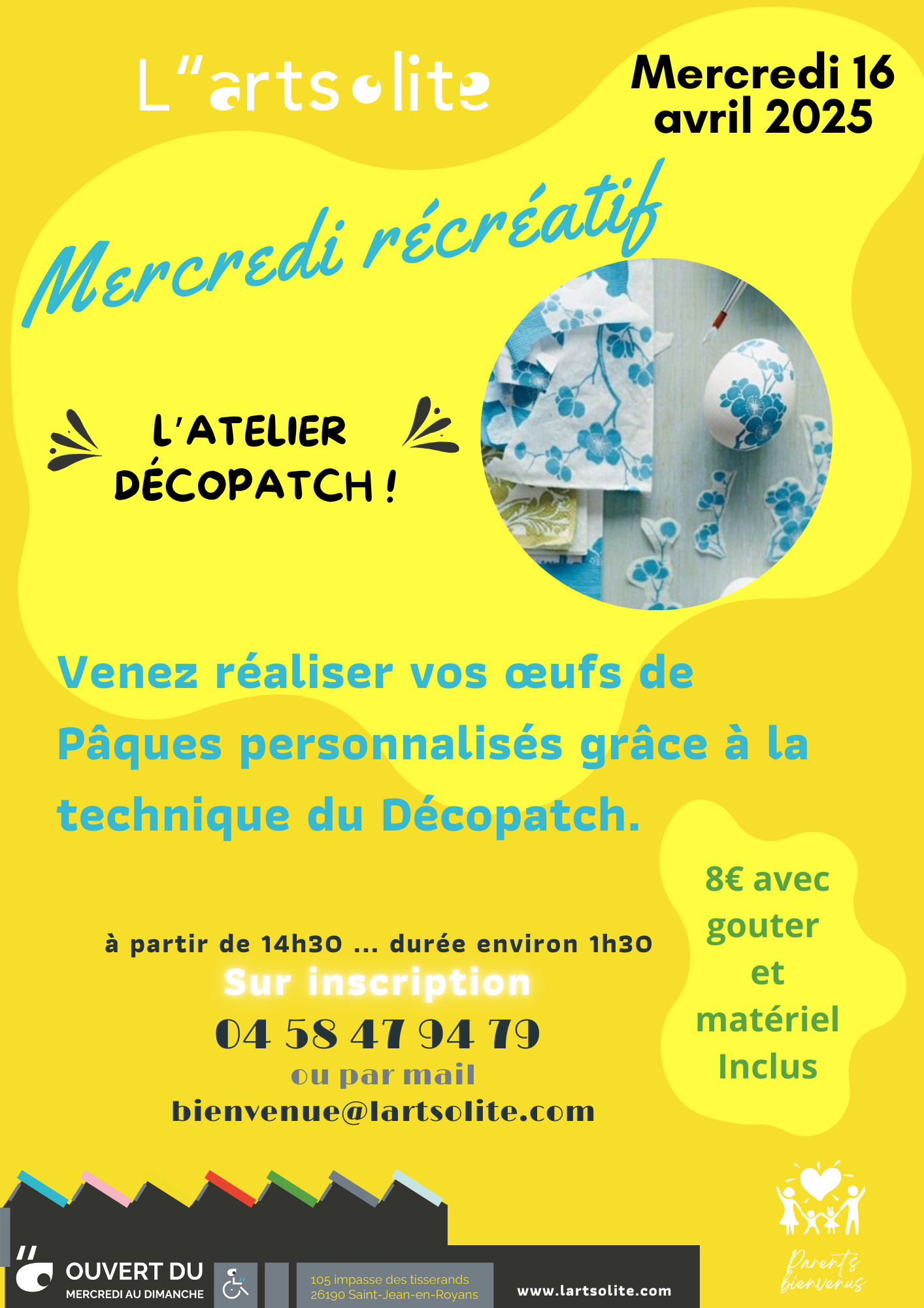 Afficeh atelier récréatif boutique Décopatch 16 avril L'artsolite st jean en royans