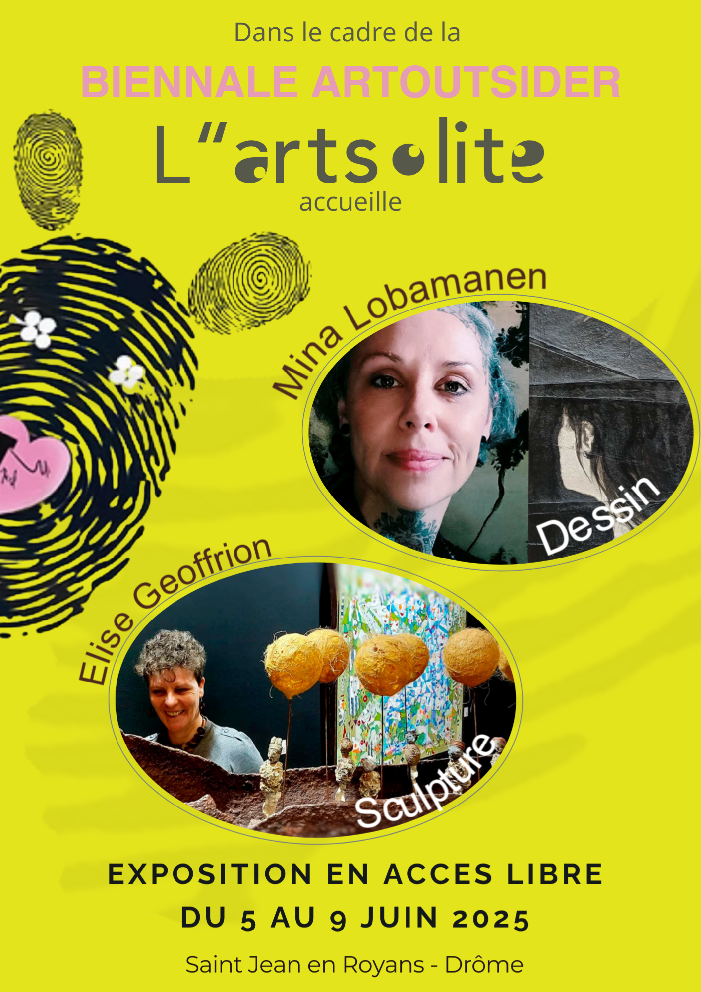 Exposition Affiche de la Biennale Artoutsider à L''artsolite avec portraits des artistes Mina Lobamanen et Elise Geoffrion
