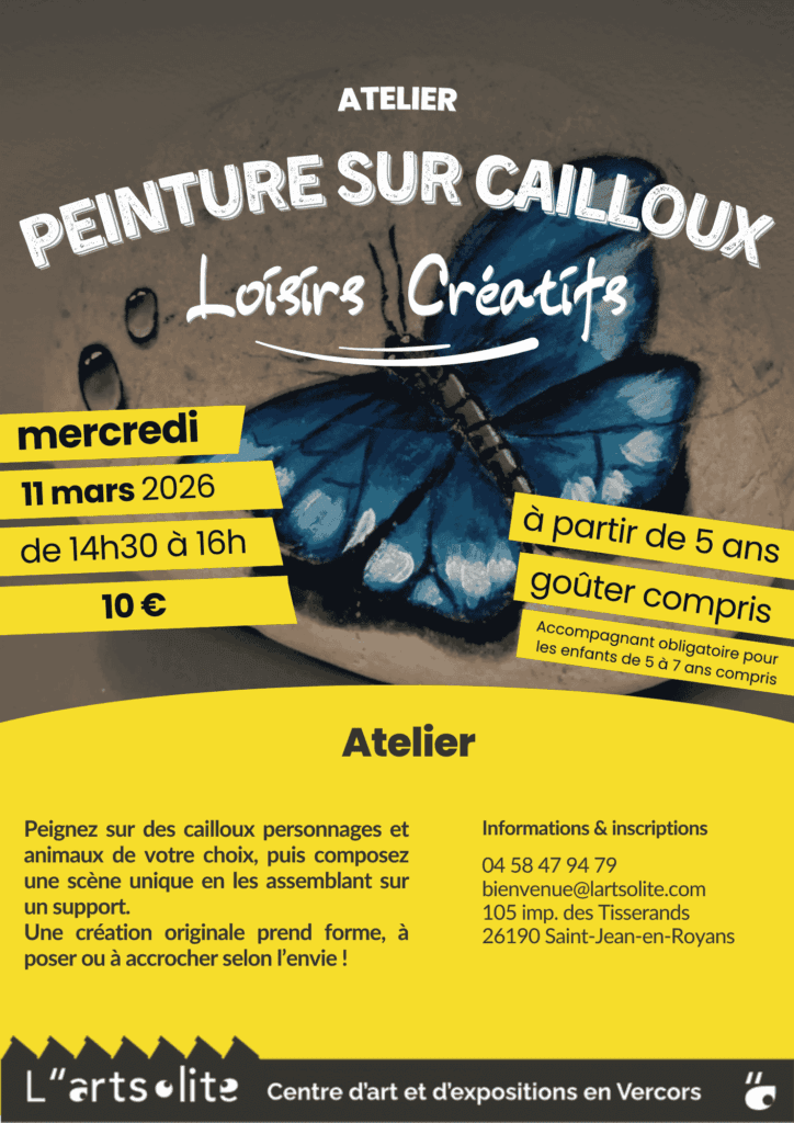 Affiche A4 pour un atelier DIY organisé par la boutique de L'artsolite, peinture sur cailloux ou galets