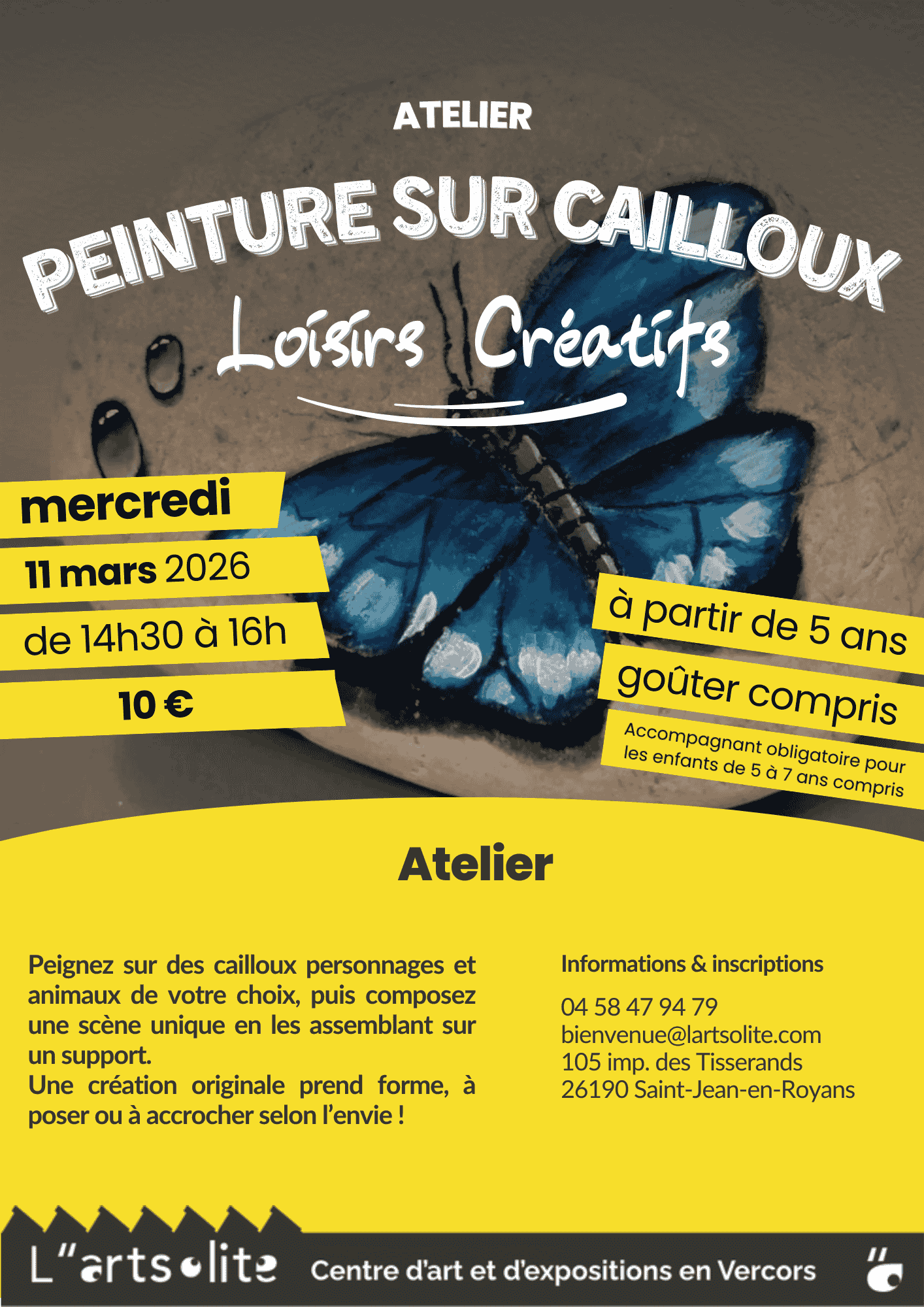 Affiche A4 pour un atelier DIY organisé par la boutique de L'artsolite, peinture sur cailloux ou galets