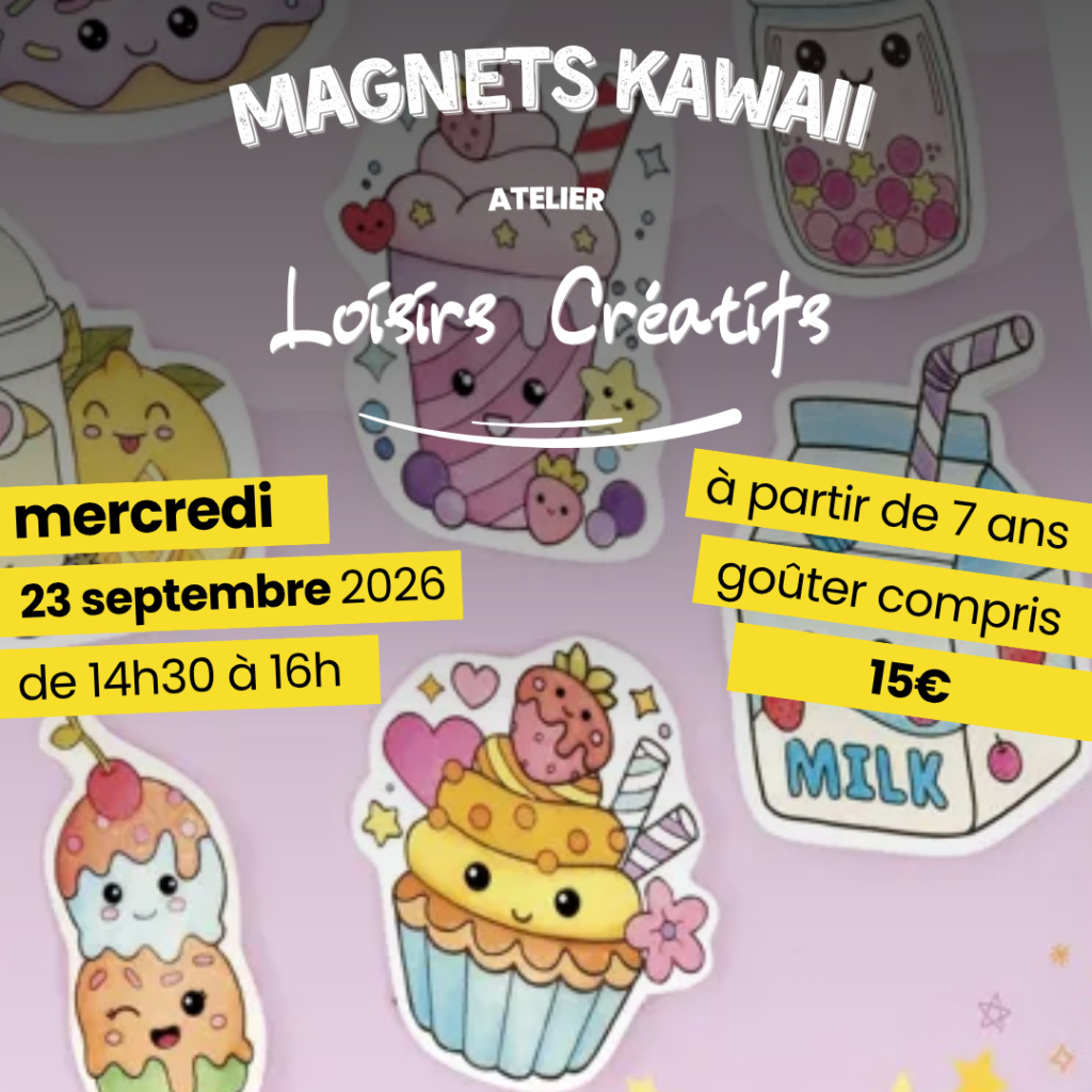 Magnets Kawaii BOUTIQUE À partir de 7 ans, dessinez et créez vos propres magnets en plastique dingue... qui rétrécissent comme par magie à la cuisson ! Imaginez, personnalisez, repartez avec votre création unique. Nouveau format : le matériel et les fournitures viennent directement de notre boutique de loisirs créatifs, et vous serez accompagné(e) par Edwige. Si l'atelier vous a plu, le matériel est disponible à la boutique pour prolonger l'acte créatif à la maison ! Mercredi 23 septembre 2026 de 14h30 à 16h 15€ matériel de la boutique fourni + goûter offert Places limitées, à réserver vite ! bienvenue@lartsolite.com ou 04 58 47 94 79 